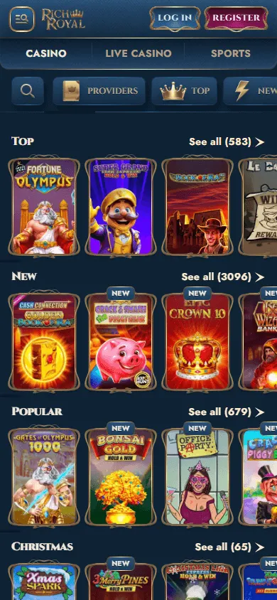 Rich Royal Casino mobile browser games area