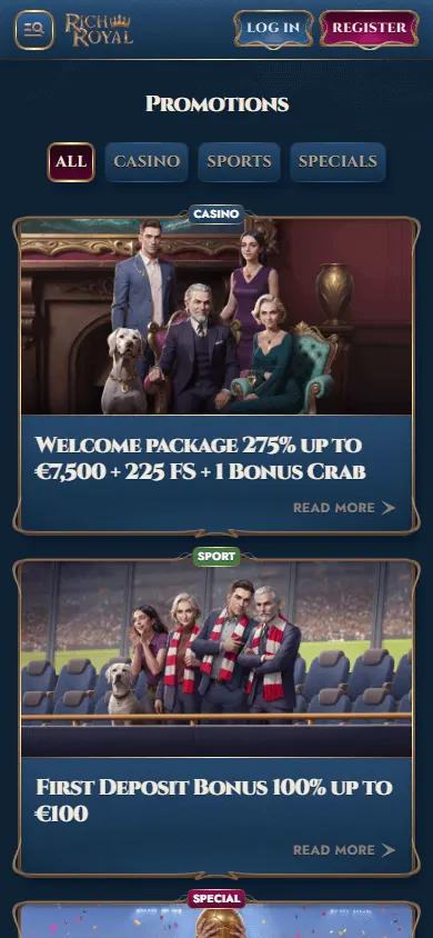 Rich Royal Casino mobile browser promotions area
